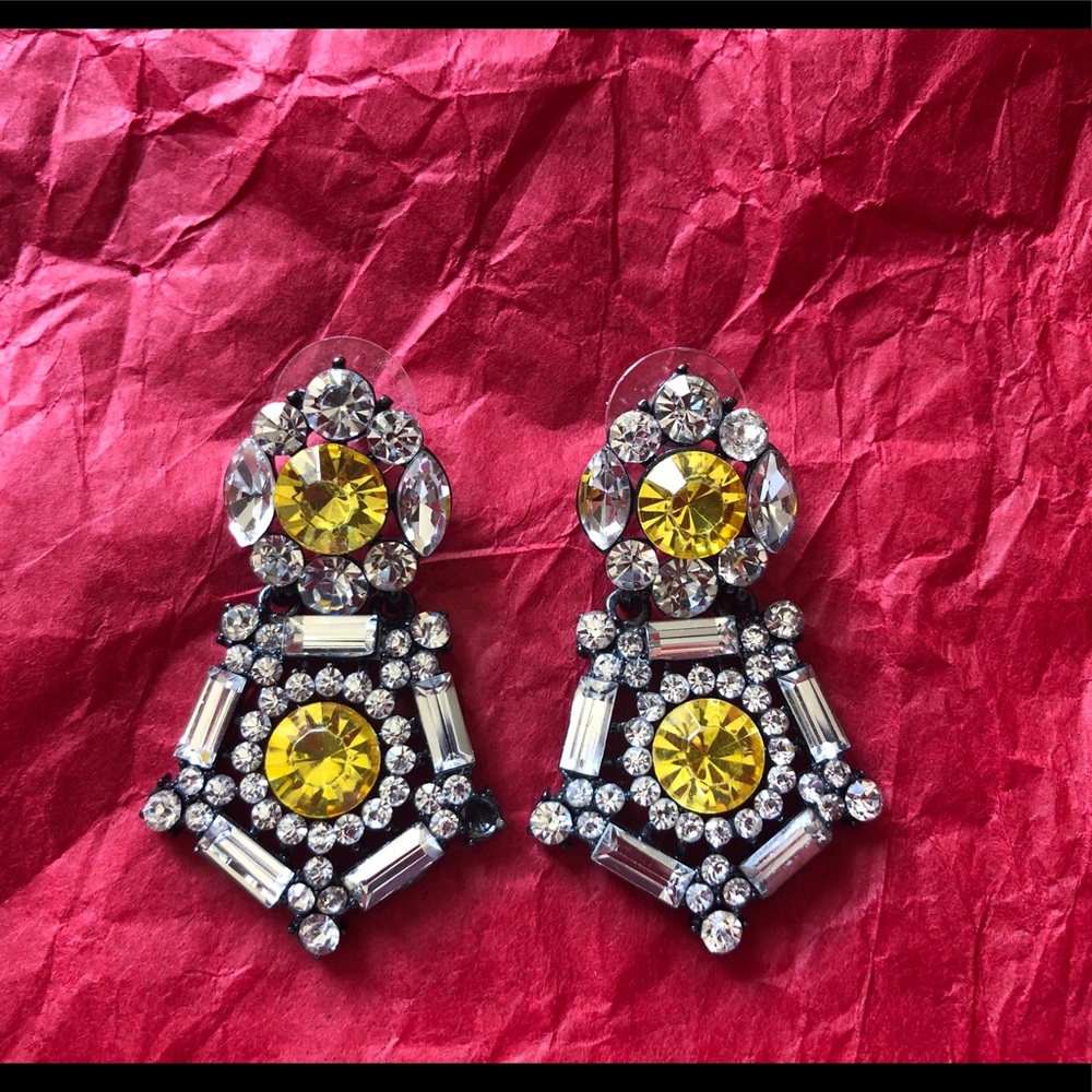 Natasha Yellow Rhinestone Dangle Statement Earrin… - image 1